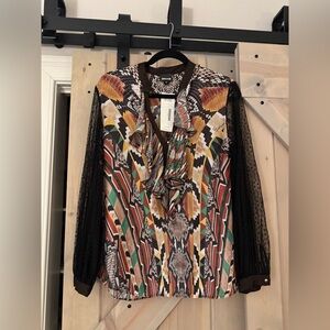 Just Cavalli Multicolor Geometric Blouse with Black Lace Sleeves